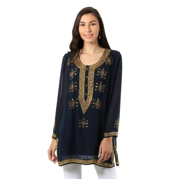 Novica Hand Embroidered Beads Semi-Sheer Dazzle Tunic Navy Size S - Picture 2 of 11